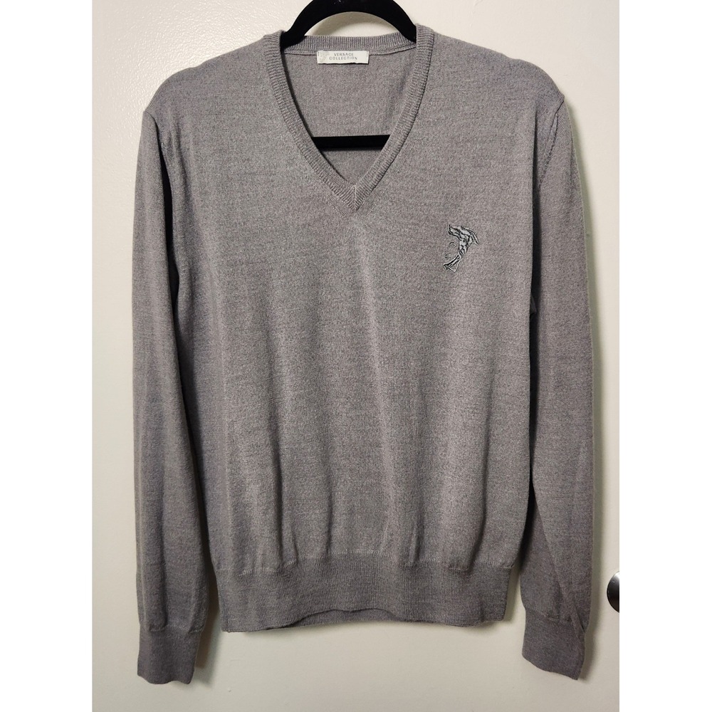 Versace Collection Men's Gray XL Wool V-Neck Sweater Embroidered Preppy Designer